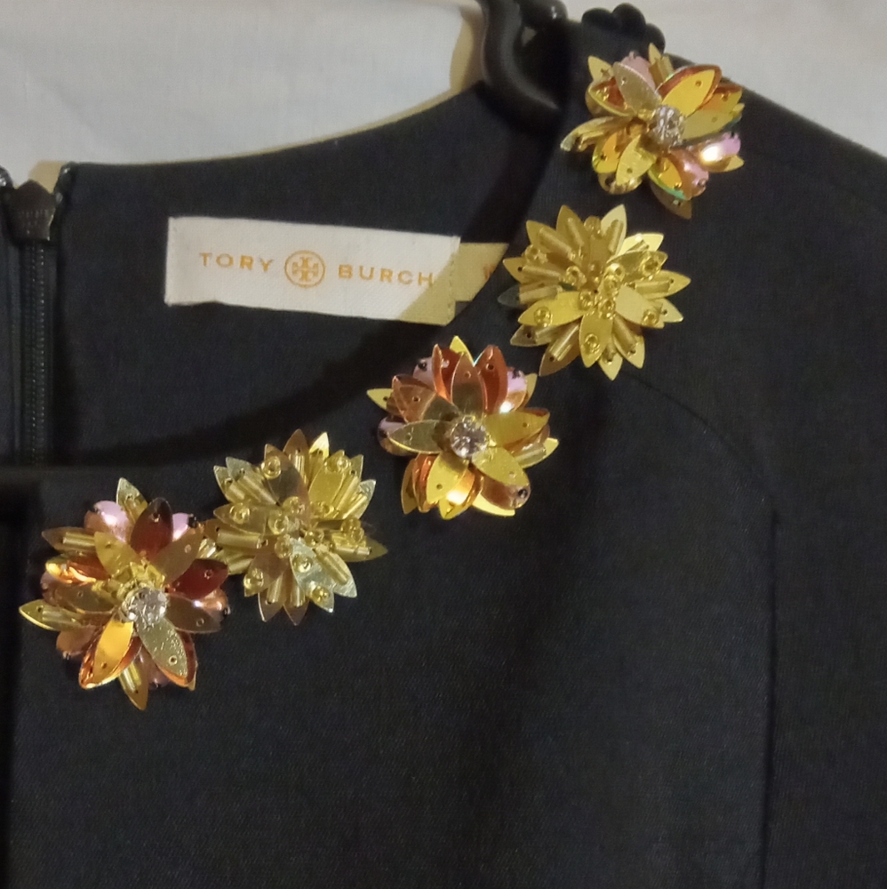 🩷💚⚜️Tory Burch⚜️🩷💚Womens Cocktail Dress Black Gold Floral Neckline Zip Sz 10